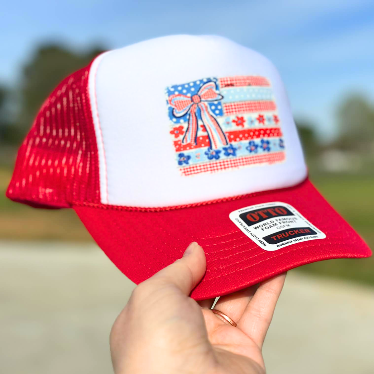 Coquette Bow American Flag Otto Trucker Hat for Women