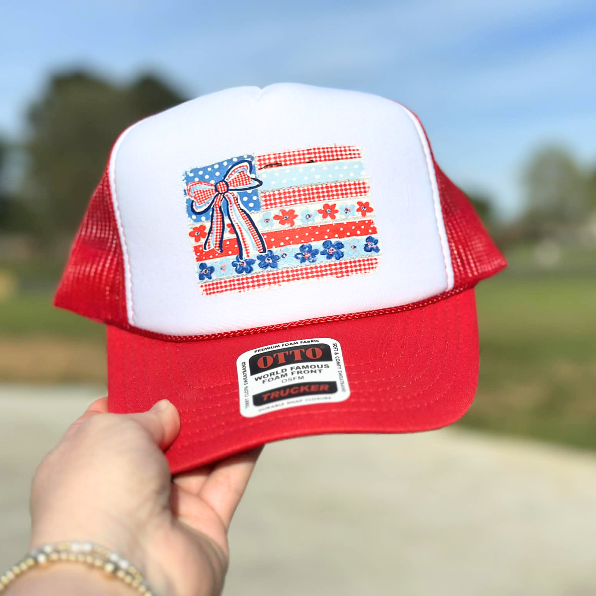 Coquette Bow American Flag Otto Trucker Hat for Women