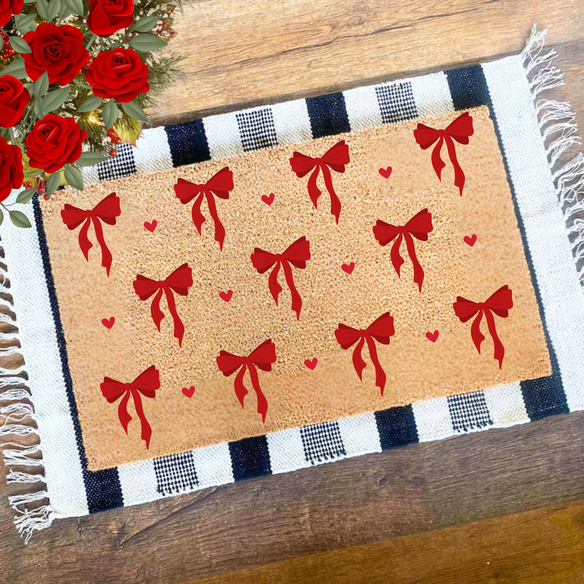 Coquette Door With Mini Hearts Mat, Valentines Day Doormat, Door Mat. Doormat with Heart, Heart Doormat, Valentines Day Decor, Front Porch Decor, Welcome Mat