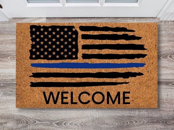 Welcome Thin Blue Line Door Mat | Police Fathers Day Gift | Fathers Day Gift | Police Officer Gift | Police Officer Decor | Police Flag